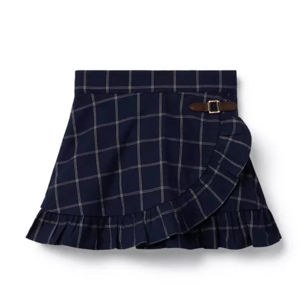 Janie and Jack Navy Plaid Ruffle Wrap Skirt with Brown Buckle